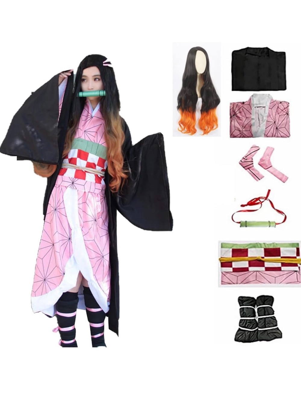 Demon Slayer Wig + Extras: Nezuko Pink and Black Anime Costume